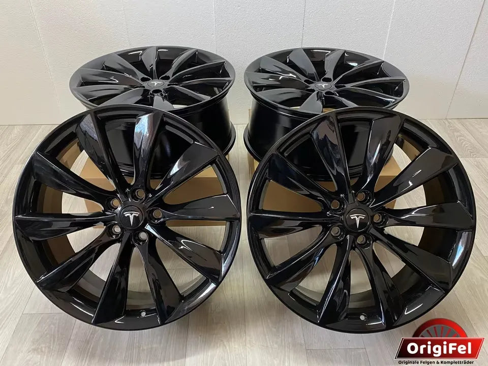 NEU* Original Tesla Model S 21 Zoll Turbine Felgen Alufelgen 6005868-00-D 5x120 8,5x21 ET40 Black Edition Schwarz Hochglanz Felgensatz MwSt. ausweisbar